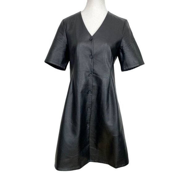 OAK + FORT BLACK FAUX LEATHER V-NECK SHORT SLEEVE BUTTON FRONT MINI DRESS - M - Picture 1 of 7